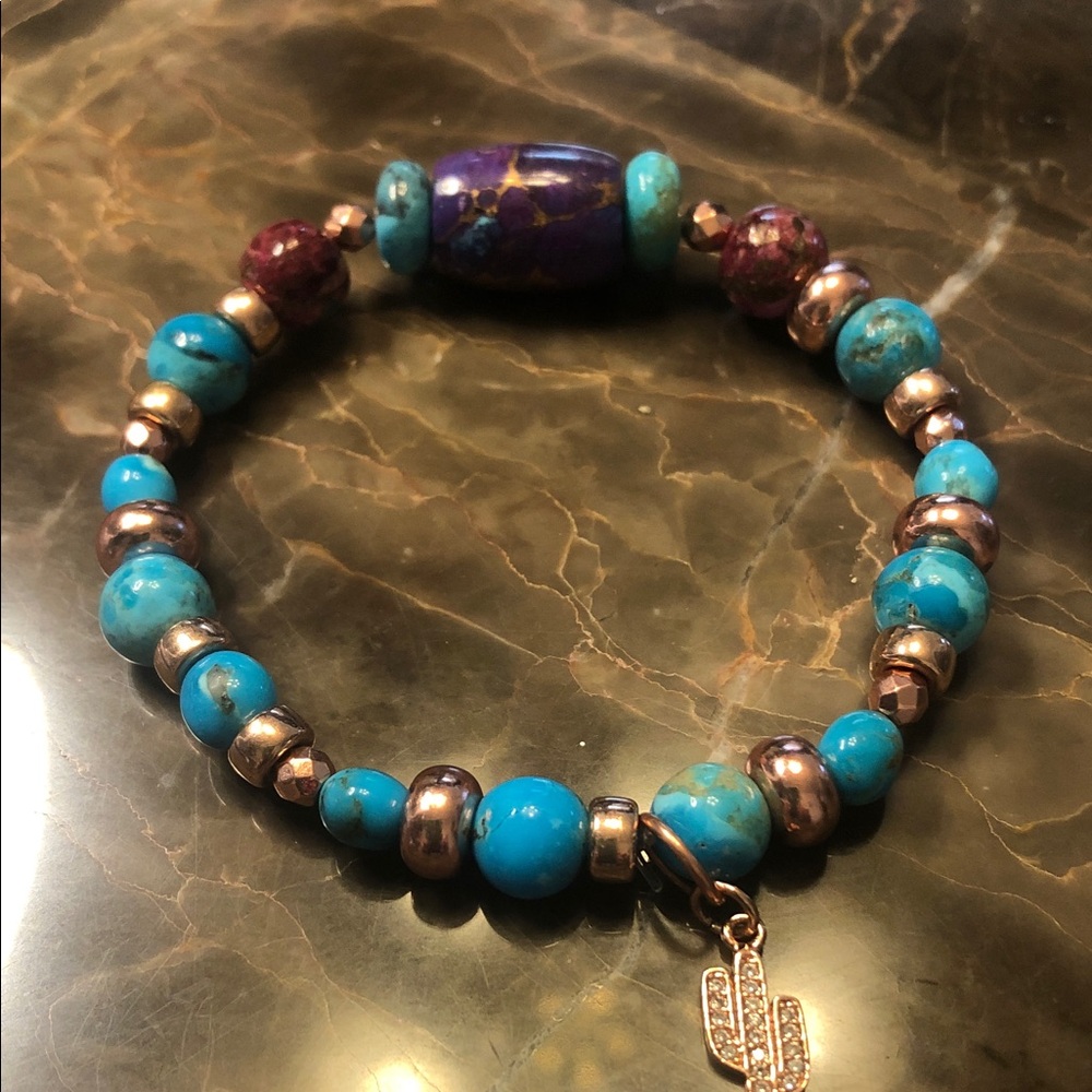 Kingman Turquoise and Purple Beaded Stretch Bracelet with copper Accent Charm